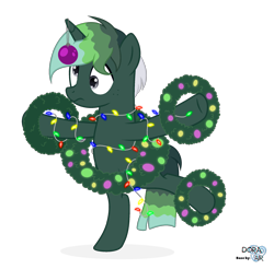 Size: 2202x2165 | Tagged: safe, artist:angel_animotr, derpibooru import, oc, oc only, oc:guaiacol, pony, unicorn, base used, christmas ornament, christmas wreath, decoration, horn, lights, simple background, solo, standing, standing on one leg, string lights, transparent background, wreath