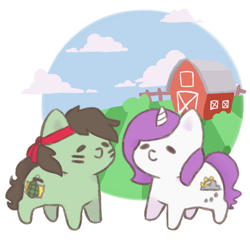 Size: 800x800 | Tagged: safe, artist:spritzles, derpibooru import, oc, oc only, earth pony, pony, unicorn, barn, chibi, cloud, earth pony oc, female, grenade, headband, horn, mare, outdoors, simple background, transparent background, unicorn oc