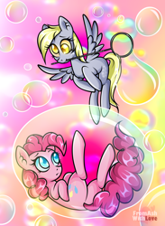 Size: 2200x3000 | Tagged: safe, artist:loverashley, derpibooru import, derpy hooves, pinkie pie, earth pony, pegasus, pony, abstract background, bubble, duo, ear fluff, ears, eyelashes, female, flying, mare, wings