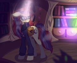 Size: 1024x841 | Tagged: safe, artist:brybrychan, derpibooru import, moondancer, pony, unicorn, bag, book, bookshelf, female, glowing, glowing horn, golden oaks library, horn, mare, saddle bag, solo