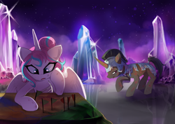 Size: 1500x1060 | Tagged: safe, artist:skyeypony, derpibooru import, princess flurry heart, oc, alicorn, pony, unicorn, armor, crystal, duo, female, horn, injured, mare, night, older, older flurry heart, outdoors, stars, unicorn oc