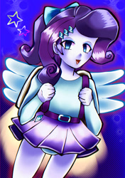 Size: 750x1066 | Tagged: source needed, safe, artist:tokosamon999, derpibooru import, rarity, human, equestria girls, belt, belt buckle, blue panties, blue underwear, bow, clothes, female, flying, hair bow, happy, jetpack, open mouth, panties, raripanty, skirt, solo, underwear