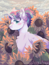 Size: 810x1080 | Tagged: safe, artist:twinkesss, derpibooru import, princess flurry heart, alicorn, pony, female, flower, older, older flurry heart, solo, sunflower