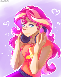 Size: 1436x1793 | Tagged: safe, artist:yuris, derpibooru import, sunset shimmer, human, better together, equestria girls, clothes, female, geode of empathy, headphones, jewelry, magical geodes, pendant, simple background, solo