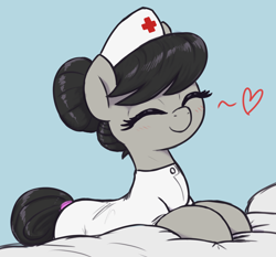 Size: 2520x2350 | Tagged: safe, artist:t72b, derpibooru import, octavia melody, earth pony, pony, alternate clothes, alternate hairstyle, background pony, bed, blushing, cute, daaaaaaaaaaaw, eyes closed, female, floating heart, hair bun, hat, heart, high res, leaning, light blue background, mare, nurse, nurse hat, nurse outfit, simple background, smiling, solo, tavibetes, weapons-grade cute