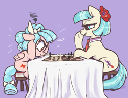 Size: 3000x2300 | Tagged: safe, artist:t72b, derpibooru import, coco pommel, cozy glow, earth pony, pegasus, pony, blushing, book, bow, chess, chessboard, duo, female, filly, flower, flower in hair, foal, frown, frustrated, hair bow, high res, hoof on chin, hoof on head, implied buttplug, lip bite, mare, necktie, purple background, scrunchy face, simple background, sitting, sweat, sweatdrop, table