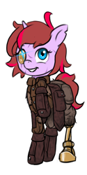 Size: 896x1792 | Tagged: safe, artist:multiverseequine, derpibooru exclusive, derpibooru import, oc, oc only, oc:vanity, pony, unicorn, amputee, bag, boots, clothes, female, glowing, glowing eyes, horn, jacket, multicolored hair, prosthetic eye, prosthetic leg, prosthetic limb, prosthetics, raised hoof, raised leg, saddle bag, scar, shoes, simple background, smiling, solo, torn ear, transparent background, unicorn oc
