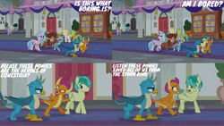 Size: 4400x2475 | Tagged: safe, derpibooru import, edit, edited screencap, editor:quoterific, screencap, auburn vision, citrine spark, fire quacker, gallus, ocellus, sandbar, silverstream, smolder, summer breeze, yona, changeling, dragon, earth pony, griffon, hippogriff, pony, yak, school daze, bored, confused, dragoness, female, friendship student, gallus is not amused, implied storm king, male, ocellus is not amused, open mouth, school of friendship, smolder is not amused, student six, teenaged dragon, teenager, unamused, yona is not amused