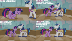 Size: 4400x2475 | Tagged: safe, derpibooru import, edit, edited screencap, editor:quoterific, screencap, shining armor, twilight sparkle, unicorn twilight, pony, unicorn, a canterlot wedding, annoyed, armor, brother and sister, confused, female, forgetting, frown, grin, height difference, implied princess cadance, male, mare, physique difference, siblings, smiling, sparkle siblings, stallion, unshorn fetlocks