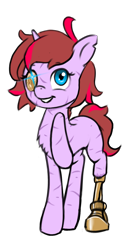 Size: 896x1792 | Tagged: safe, artist:multiverseequine, derpibooru exclusive, derpibooru import, oc, oc only, oc:vanity, pony, unicorn, amputee, female, glowing, glowing eyes, horn, multicolored hair, prosthetic eye, prosthetic leg, prosthetic limb, prosthetics, raised hoof, raised leg, scar, simple background, smiling, solo, torn ear, transparent background, unicorn oc