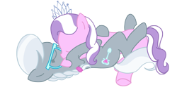 Size: 3840x2160 | Tagged: safe, artist:duran301, derpibooru import, diamond tiara, silver spoon, earth pony, base used, cute, female, lesbian, shipping, silvertiara, simple background, snuggling, transparent background