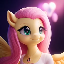Size: 1024x1024 | Tagged: safe, derpibooru import, generator:stable diffusion, machine learning generated, fluttershy, anthro, pegasus, cute, green eyes, jewelry, looking away, lucidpony: sd is magic 2, necklace, shyabetes, simple background, smiling, solo, white shirt, wings