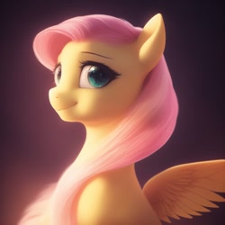 Size: 1024x1024 | Tagged: safe, derpibooru import, generator:stable diffusion, machine learning generated, fluttershy, pegasus, pony, cute, green eyes, looking at you, lucidpony: sd is magic 2, shyabetes, simple background, smiling, solo, wings