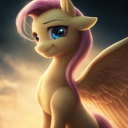 Size: 1024x1024 | Tagged: safe, derpibooru import, generator:stable diffusion, machine learning generated, fluttershy, pegasus, pony, backlighting, blue eyes, cute, large wings, looking at you, looking forward, lucidpony: sd is magic 2, missing wing, multiple ears, pink mane, shyabetes, simple background, sitting, slim, smiling, solo, spread wings, thin, three quarter view, wings