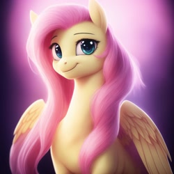 Size: 1024x1024 | Tagged: safe, derpibooru import, generator:stable diffusion, machine learning generated, fluttershy, pegasus, pony, backlighting, cute, green eyes, looking at you, looking forward, lucidpony: sd is magic 2, pink mane, shyabetes, simple background, sitting, smiling, solo, spread wings, three quarter view, wings