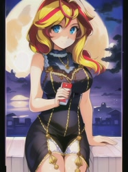 Size: 512x683 | Tagged: safe, derpibooru import, editor:sammykun, generator:novelai, generator:stable diffusion, machine learning generated, sunset shimmer, human, equestria girls, beautiful, black dress, breasts, city, cityscape, clothes, cloud, dress, drink, female, gold, humanized, jewelry, looking at you, moon, night, ponytail, sitting, sleeveless, smiling, solo, sunset jiggler, tight clothing