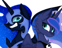 Size: 1567x1230 | Tagged: safe, artist:4agonism, derpibooru import, nightmare moon, princess luna, alicorn, pony, antagonist, cheek fluff, chest fluff, crown, duality, duo, duo female, ear fluff, ears, female, horn, jewelry, mare, regalia, sharp teeth, simple background, spread wings, teeth, white background, wings