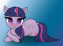 Size: 1360x989 | Tagged: safe, artist:mangofoxx, derpibooru import, twilight sparkle, unicorn twilight, pony, unicorn, blushing, both cutie marks, dimples of venus, dock, ear piercing, gradient background, lip bite, looking at you, no pupils, piercing, solo, tail