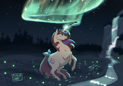 Size: 2388x1668 | Tagged: safe, artist:nightprince-art, derpibooru import, moondancer (g1), pony, unicorn, g1, aurora borealis, bow, female, glowing, glowing horn, horn, looking up, mare, night, rearing, river, signature, solo, stream, tail, tail bow, water