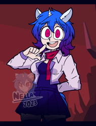 Size: 1500x1975 | Tagged: safe, artist:gempainter32, derpibooru import, oc, oc only, oc:diamond nella, anthro, human, pony, unicorn, arm behind back, blue dress, blue hair, blue mane, blue tail, clothes, complex background, digital art, ear fluff, ears, eye clipping through hair, eyebrows, eyebrows visible through hair, female, gradient mane, hell, helltaker, horn, ibispaint x, jacket, looking at you, magenta eyes, open mouth, pointing at self, red background, scarf, simple background, skirt, solo, tail, unicorn oc, watermark