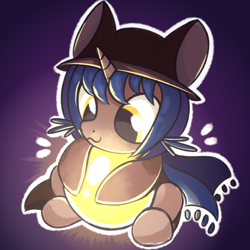 Size: 2000x2000 | Tagged: safe, artist:candy meow, derpibooru import, oc, pony, unicorn, :3, clothes, coat, crossover, glowing, hat, high res, horn, lightbulb, niko (oneshot), oneshot, scarf, simple background, sitting, solo, species swap, unicorn oc