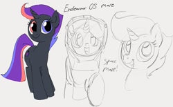 Size: 1199x742 | Tagged: safe, artist:dotkwa, derpibooru import, oc, oc only, pony, unicorn, endeavour os, female, heterochromia, mare, partial color, ponified, sketch, smiling, solo, spacesuit