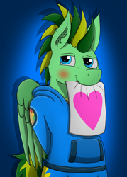 Size: 3511x4903 | Tagged: safe, artist:tacomytaco, derpibooru import, oc, oc only, oc:taco.m.tacoson, pegasus, pony, bipedal, blushing, clothes, hands behind back, heart, hoodie, looking at you, male, mouth hold, paper, shorts, simple background, solo, wings