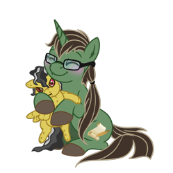 Size: 1076x1080 | Tagged: safe, artist:spacesheep, derpibooru import, daring do, oc, oc:digter von marder, pegasus, unicorn, 2023 community collab, brown mane, chubby, commission, derpibooru community collaboration, evil grin, eyes closed, female, glasses, grin, long mane, male, mare, plushie, ponytail, scar, simple background, smiling, stallion, stallion oc, transparent background