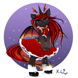 Size: 1024x1024 | Tagged: safe, artist:martazap3, derpibooru import, oc, alicorn, dracony, dragon, hybrid, pony, semi-anthro, christmas, christmas outfit, clothes, holiday, horn, simple background, skirt, solo, spread wings, white background, wings, winter, winter outfit