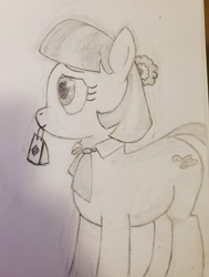 Size: 969x1280 | Tagged: safe, anonymous artist, derpibooru import, coco pommel, earth pony, pony, bag, female, flower, flower in hair, jewelry, mare, necklace, sketch, traditional art