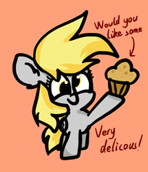 Size: 846x985 | Tagged: safe, artist:riverdawn404, derpibooru import, derpy hooves, pegasus, pony, arrow, cute, female, food, happy, holding, mare, muffin, newbie artist training grounds, orange background, simple background, solo, that pony sure does love muffins