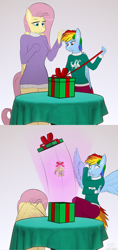 Size: 3000x6372 | Tagged: safe, artist:fluffyorbiter, derpibooru import, fluttershy, rainbow dash, anthro, pegasus, box, clothes, comic, covering, drapes, female, flutterdash, height difference, lesbian, mistletoe, present, pulling, scared, scaredy dash, shipping, size difference, smoldash, spread wings, sweater, sweatershy, table, tallershy, wing covering, wings