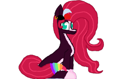 Size: 700x453 | Tagged: safe, artist:princessmoonlight, derpibooru import, oc, oc only, oc:painted lilly, cute, dc comics, ear piercing, harley quinn, looking at you, multicolored mane, multicolored tail, nonbinary, piercing, sitting, smiling, tail, wavy mane