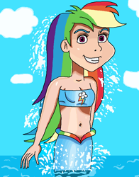 Size: 608x776 | Tagged: safe, artist:ocean lover, derpibooru import, rainbow dash, human, mermaid, 20% cooler, awesome, awesome face, bandeau, bare shoulders, belly button, clothes, cloud, confident, cutie mark on clothes, female, grin, human coloration, humanized, jumping, long hair, looking at you, magenta eyes, mermaidized, midriff, ms paint, multicolored hair, ocean, rainbow hair, shiny skin, sky, sleeveless, smiling, smiling at you, solo, species swap, splash, tomboy, water