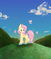 Size: 1000x1157 | Tagged: safe, artist:pagophasia, derpibooru exclusive, derpibooru import, fluttershy, butterfly, pegasus, pony, cloud, colored hooves, daytime, eye reflection, female, full body, grass, hill, impossibly long eyelashes, looking at something, looking back, reflection, sky, smiling, solo, unshorn fetlocks, walking, wings