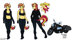 Size: 2560x1440 | Tagged: safe, artist:apocheck13, derpibooru import, sunset shimmer, anthro, plantigrade anthro, unicorn, boots, breasts, cleavage, clothes, cutie mark, female, helmet, jacket, jeans, mare, midriff, motorcycle, motorcycle helmet, open clothes, open jacket, pants, reference sheet, shoes, simple background, solo, solo female, white background