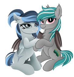 Size: 2303x2369 | Tagged: safe, artist:andaluce, artist:rainbowšpekgs, derpibooru import, oc, oc only, oc:haze northfleet, oc:malachite cluster, bat pony, pegasus, pony, 2023 community collab, bat pony oc, bat wings, cute, derpibooru community collaboration, female, high res, holding hooves, hug, pegasus oc, simple background, smiling, transparent background, winghug, wings