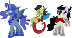 Size: 1920x1030 | Tagged: safe, artist:alexdti, derpibooru import, discord, king sombra, nightmare moon, oc, oc:brainstorm (alexdti), oc:purple creativity, oc:star logic, clothes, costume, simple background, transparent background