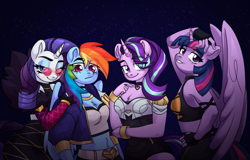 Size: 3123x2000 | Tagged: safe, artist:marthettau, derpibooru import, rainbow dash, rarity, starlight glimmer, twilight sparkle, twilight sparkle (alicorn), alicorn, anthro, pegasus, unicorn, breasts, chest fluff, choker, cleavage, cleavage fluff, clothes, female, grin, horn, k/da, league of legends, looking at you, mare, midriff, smiling, smiling at you, sunglasses, wings