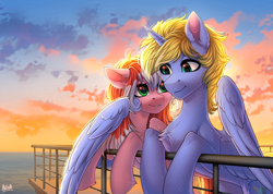 Size: 4100x2923 | Tagged: safe, artist:hakaina, derpibooru import, oc, oc only, alicorn, earth pony, pegasus, pony, alicorn oc, backlighting, beautiful, cheek fluff, chest fluff, cloud, colored, cute, duo, female, fluffy, height difference, high res, hoof fluff, horn, hug, leg fluff, lighting, looking at each other, looking at someone, male, mare, ocbetes, ocean, partially open wings, pegasus oc, railing, scenery, shading, signature, sky, slim, stallion, sunset, thin, water, wing fluff, winghug, wings