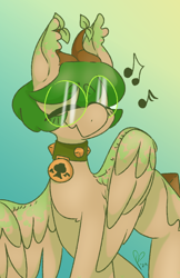 Size: 754x1164 | Tagged: safe, artist:pagophasia, derpibooru exclusive, derpibooru import, oc, oc only, oc:hortis culture, hybrid, pony, blushing, collar, dancing, ear tufts, eyes closed, glasses, gradient background, horns, humming, leaf, music notes, nonbinary, round glasses, smiling, solo, wings