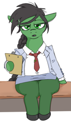 Size: 441x764 | Tagged: safe, artist:jargon scott, derpibooru import, oc, oc only, oc:anon-mare, earth pony, pony, clipboard, clothes, ears back, earth pony oc, female, frown, hoof hold, lipstick, looking at you, mare, necktie, office lady, simple background, skirt, skirt suit, solo, suit, upskirt, white background