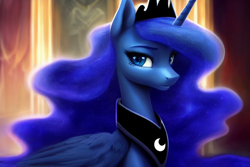 Size: 1920x1280 | Tagged: safe, derpibooru exclusive, derpibooru import, editor:dovakkins, generator:stable diffusion, machine learning generated, princess luna, alicorn, pony, beautiful, crown, ethereal mane, female, folded wings, jewelry, mare, peytral, regalia, sad, solo, sternocleidomastoid, wings