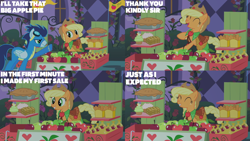 Size: 4400x2475 | Tagged: safe, derpibooru import, edit, edited screencap, editor:quoterific, screencap, applejack, soarin', earth pony, pegasus, pony, the best night ever, apple, apple pie, applejack's hat, clothes, cowboy hat, cupcake, dessert, dress, duo, duo male and female, eyes closed, female, food, freckles, fritter, gala dress, grin, hat, male, mare, pie, smiling, stallion, that pony sure does love pies, treats, uniform, wonderbolts uniform
