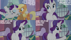 Size: 4400x2475 | Tagged: safe, derpibooru import, edit, edited screencap, editor:quoterific, screencap, applejack, rarity, earth pony, pony, unicorn, spike at your service, applejack's hat, clothes, cowboy hat, duo, duo female, eyes closed, eyeshadow, female, freckles, frown, grin, hat, hatless, hoof around neck, makeup, mare, missing accessory, open mouth, smiling