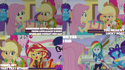 Size: 4400x2475 | Tagged: safe, derpibooru import, edit, edited screencap, editor:quoterific, screencap, applejack, fluttershy, pinkie pie, rainbow dash, rarity, sci-twi, sunset shimmer, twilight sparkle, better together, equestria girls, holidays unwrapped, applejack's hat, clothes, cowboy hat, dashing through the mall, drink, eyeshadow, female, forgetting, freckles, frown, glasses, grin, group, hat, humane five, humane seven, humane six, makeup, open mouth, open smile, present, smiling