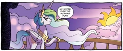 Size: 1334x554 | Tagged: safe, artist:tonyfleecs, derpibooru import, idw, princess celestia, alicorn, pony, g4, nightmare knights, spoiler:comic, spoiler:comicnightmareknights02, dialogue, female, implied princess luna, mare, solo, speech bubble, sunrise