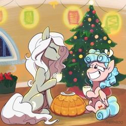 Size: 1200x1200 | Tagged: safe, artist:pfeffaroo, derpibooru import, cozy glow, oc, oc:grimaire, earth pony, pegasus, pony, christmas, christmas tree, duo, duo female, earth pony oc, female, filly, foal, holiday, hoof hold, mare, raised hoof, raised leg, tree