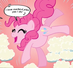 Size: 765x712 | Tagged: safe, artist:carla speed mcneil, derpibooru import, idw, pinkie pie, earth pony, pony, friends forever, g4, spoiler:comic, spoiler:comicff01, dialogue, female, food, mare, pie, singing, solo, speech bubble