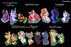 Size: 3371x2255 | Tagged: safe, artist:justdontfall, derpibooru import, oc, oc only, oc:baked peach, oc:bat hawk, oc:black diamond, oc:carnation, oc:duchess andromeda, oc:duke orion sky, oc:foxglove, oc:gala apple, oc:honeybee, oc:hot crossed buns, oc:maple glaze, oc:nuthatch, oc:raspberry ripple, oc:snapdragon, oc:stratus, diamond dog, earth pony, pegasus, pony, unicorn, adopted offspring, black background, bowtie, bust, canon x oc, collar, diamond dog oc, diamond puppy, earth pony oc, freckles, half-siblings, hat, horn, magical lesbian spawn, necktie, next generation, offspring, parent:applejack, parent:big macintosh, parent:cheese sandwich, parent:coloratura, parent:fancypants, parent:flash sentry, parent:fluttershy, parent:pinkie pie, parent:rainbow dash, parent:rarity, parent:soarin', parent:tempest shadow, parent:twilight sparkle, parents:cheesepie, parents:flashdash, parents:flashlight, parents:flutterdash, parents:fluttermac, parents:rarajack, parents:raripants, parents:soarindash, parents:tempestlight, pegasus oc, pet tag, simple background, unicorn oc